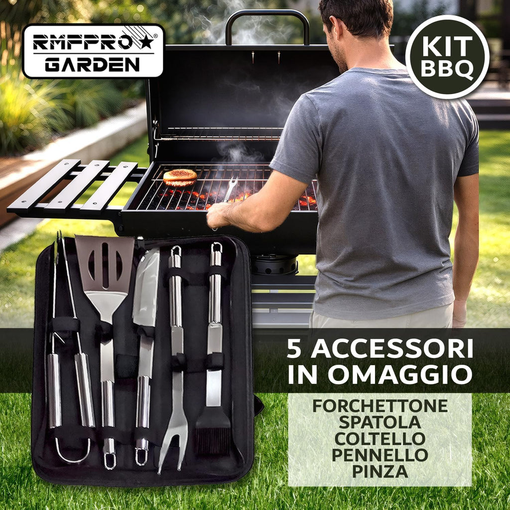 Barbecue a Carbonella con Griglia XL e Termometro Integrato – Kit Accessori, Copertura, Carrello con Ruote e Ripiani Pieghevoli