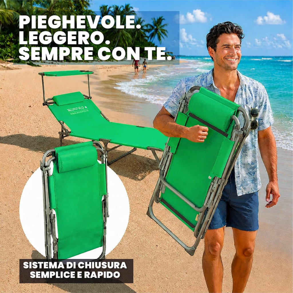Lettini Prendisole Pieghevoli Verdi – Schienale Regolabile in 4 Posizioni con Parasole e Poggiatesta