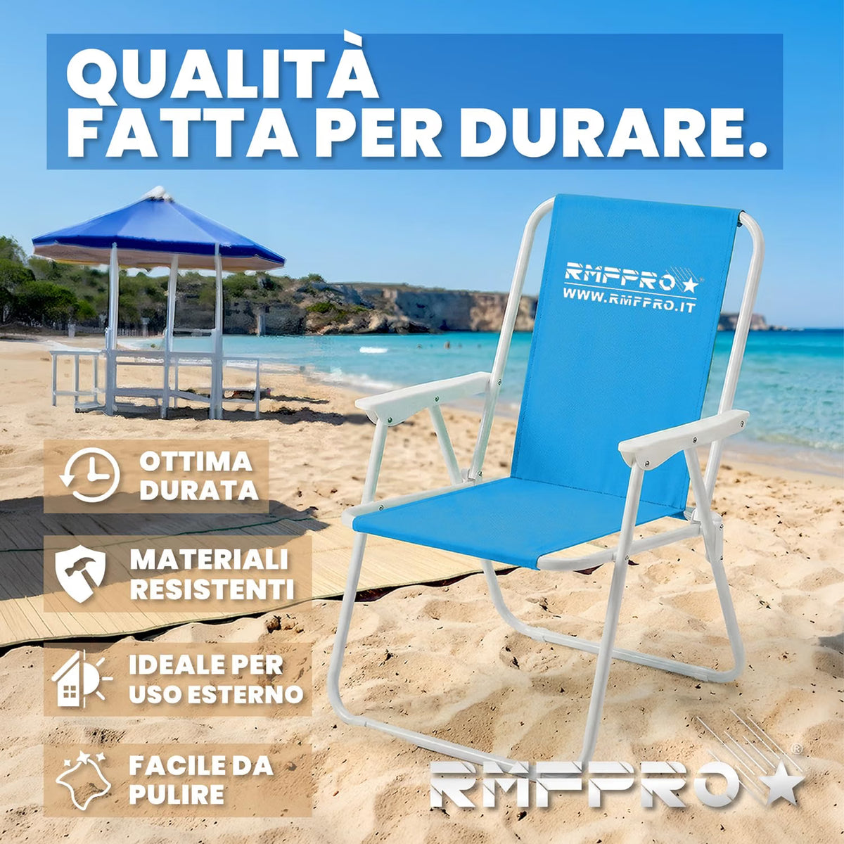 Set 4 Sedie da Spiaggia Pieghevoli Blu – Braccioli, Struttura in Metallo e Portata 120 kg