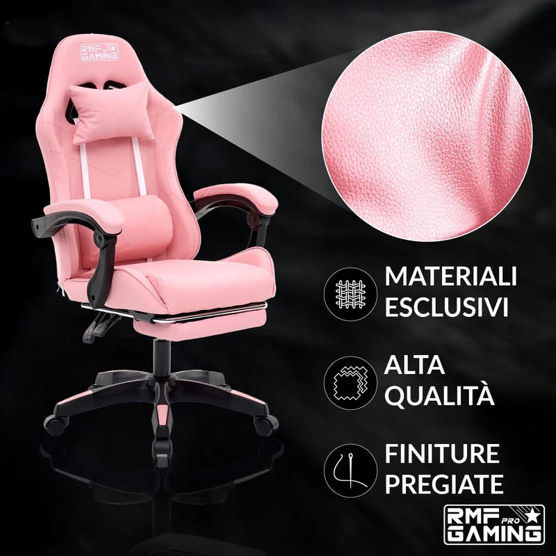 Sedia gaming ergonomica rosa con supporto lombare