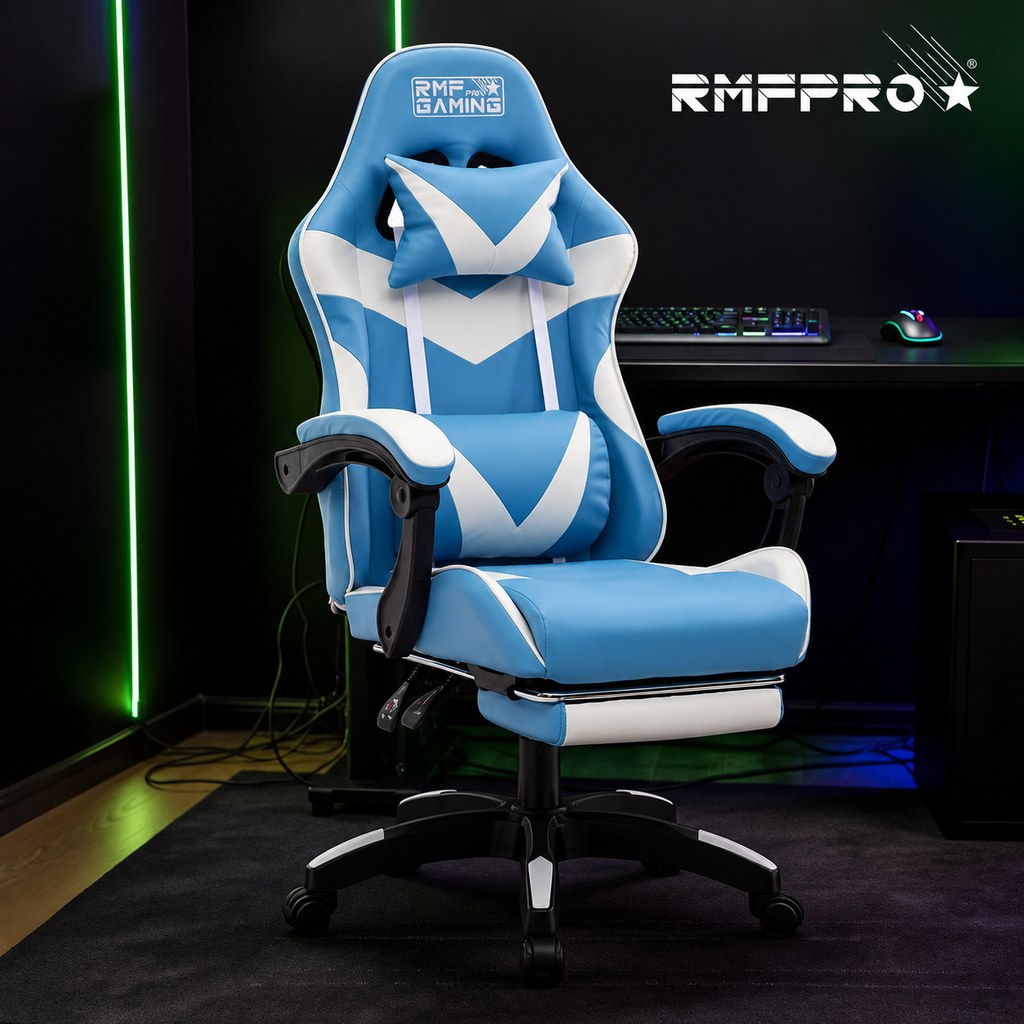 Sedia gaming ergonomica azzurra e bianca con supporto lombare