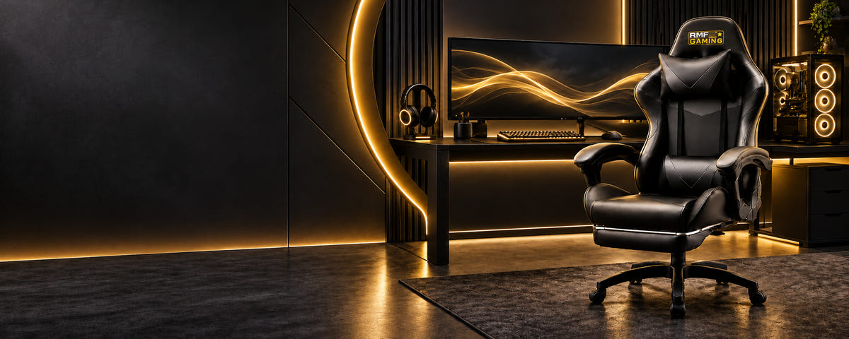 Sedia gaming nera RMF PRO con postazione e illuminazione oro
