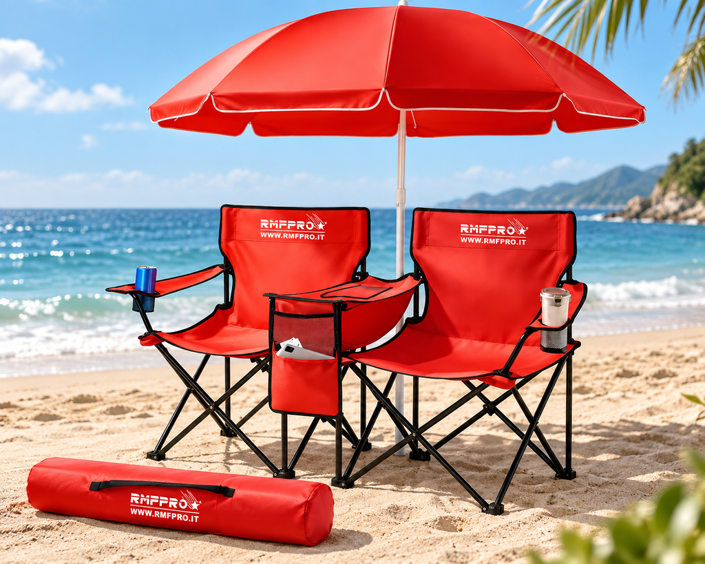 Set Ombrellone Rosso con 2 Sedie da Esterno e Borsa Termica Centrale
