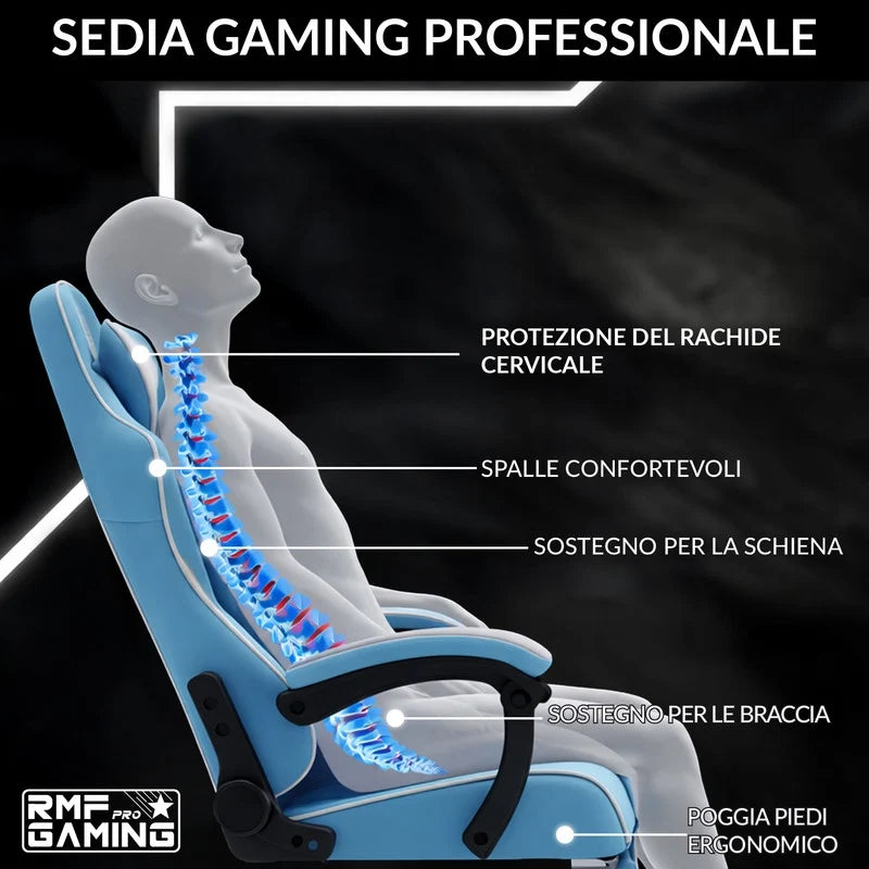 Sedia gaming ergonomica azzurra e bianca con supporto lombare