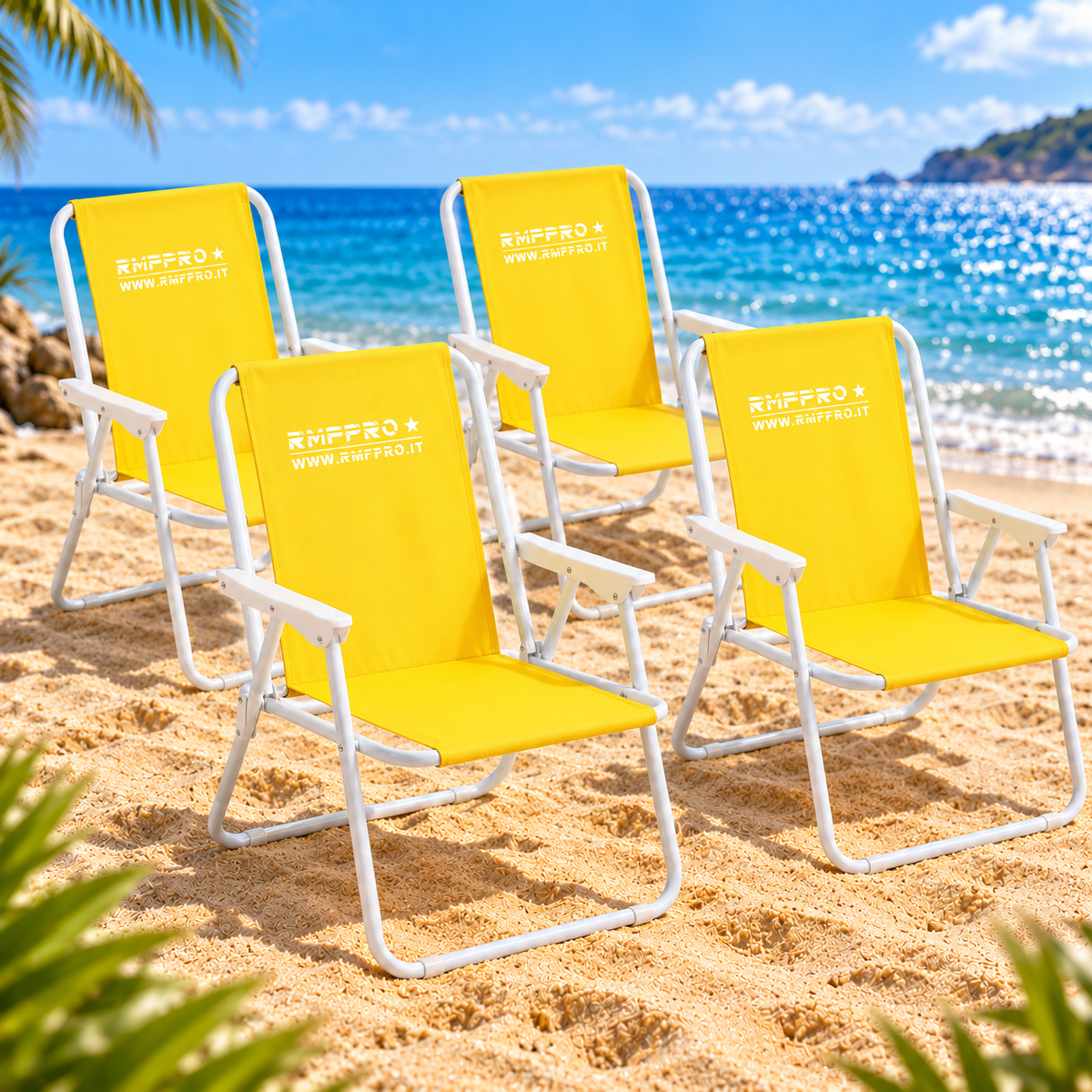 Set 4 Sedie da Spiaggia Pieghevoli Gialle – Braccioli, Struttura in Metallo e Portata 120 kg