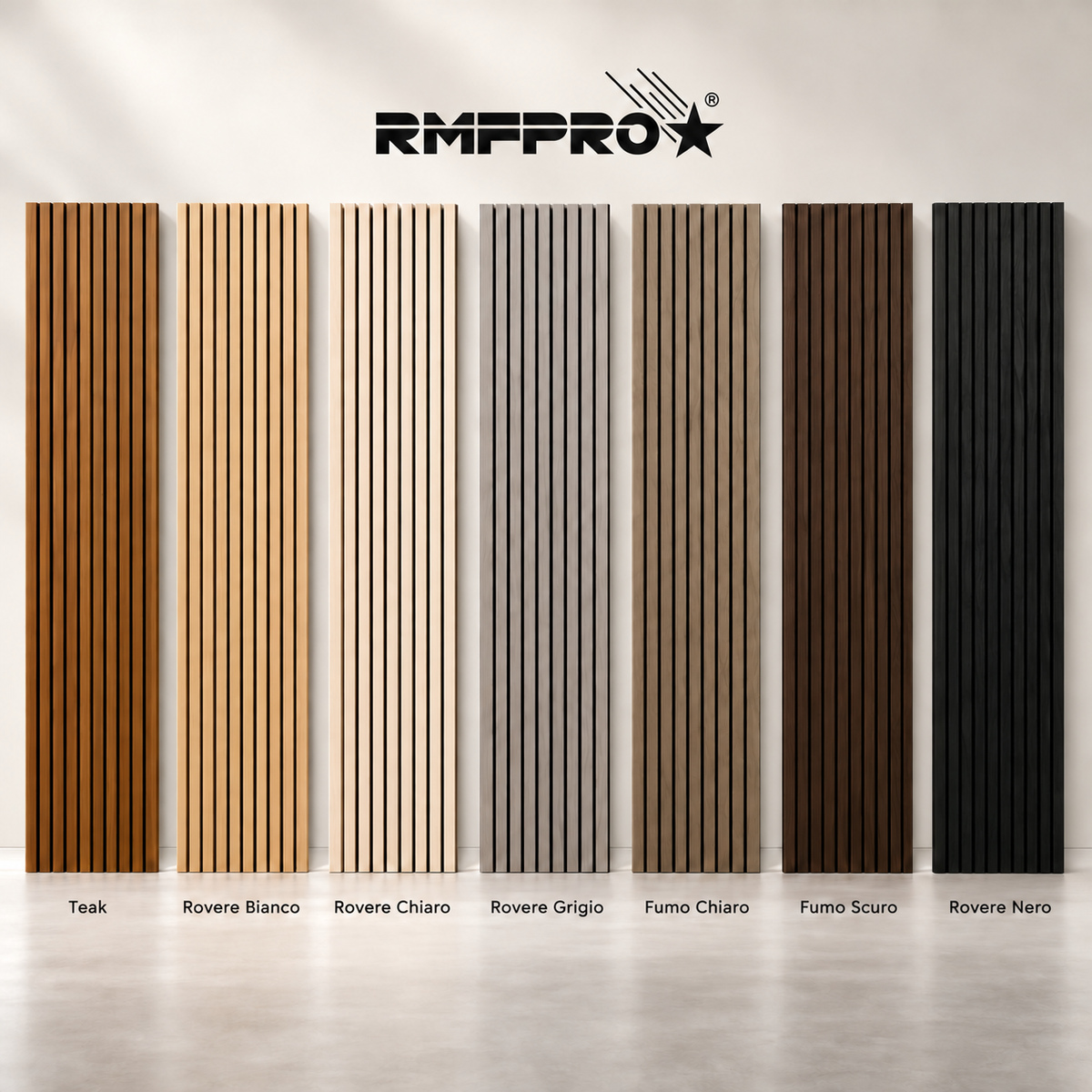 Pannelli RMF PRO: Teak, Rovere Bianco, Rovere Chiaro, Rovere Grigio, Fumo Chiaro, Fumo Scuro e Rovere Nero.