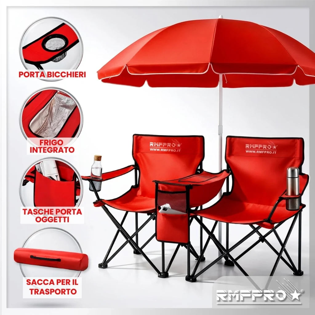 Set Ombrellone Rosso con 2 Sedie da Esterno e Borsa Termica Centrale