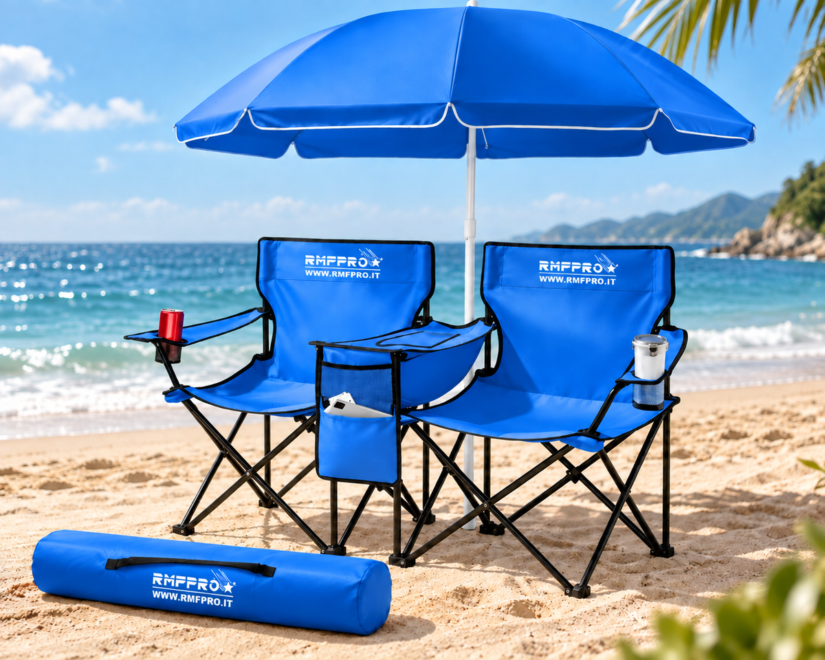 Set Ombrellone Blu con 2 Sedie da Esterno e Borsa Termica Centrale