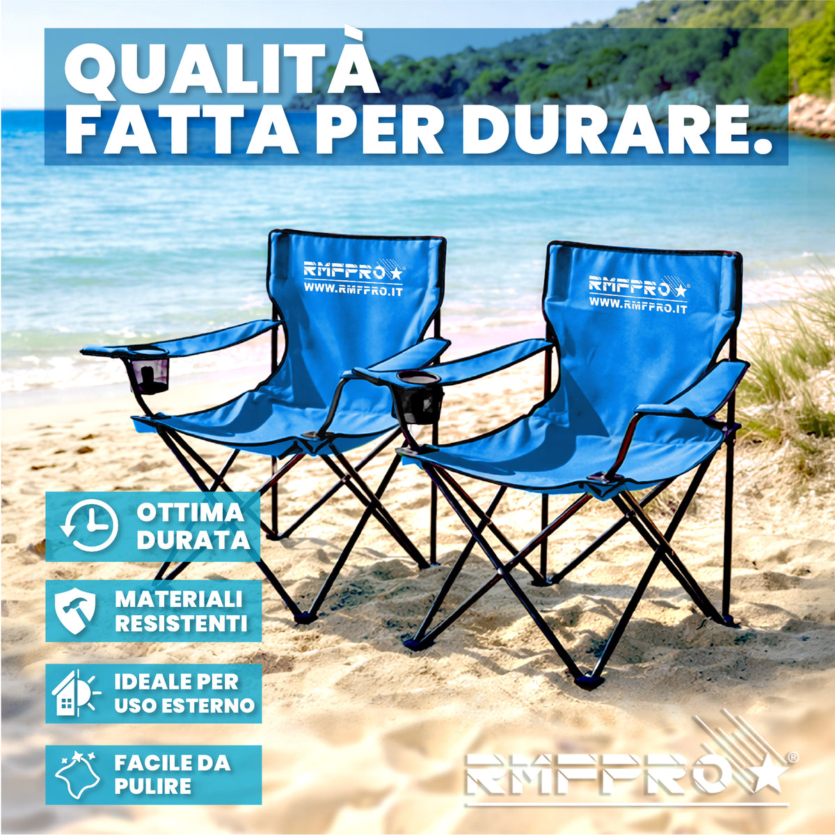 Set 2 Sedie da Campeggio Pieghevoli Blu – Portabicchiere, Seduta Comfort e Portata 120 kg