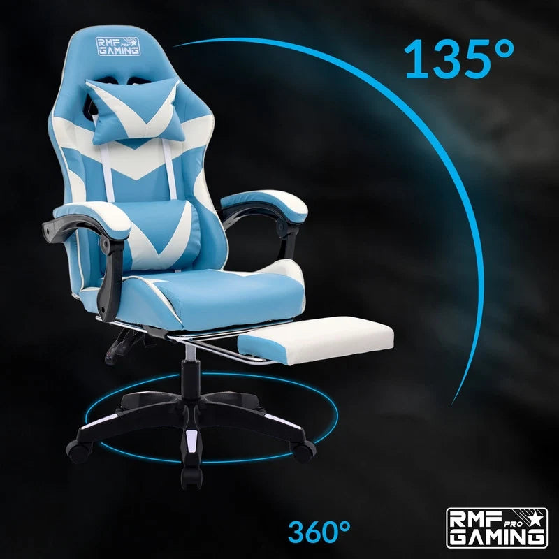Sedia gaming ergonomica azzurra e bianca con supporto lombare