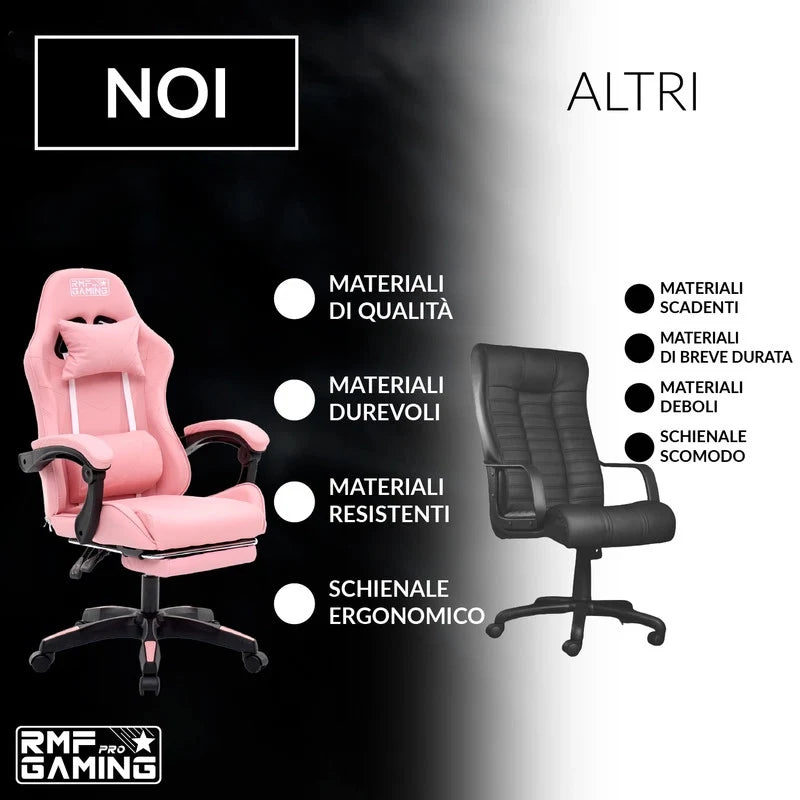 Sedia gaming ergonomica rosa con supporto lombare