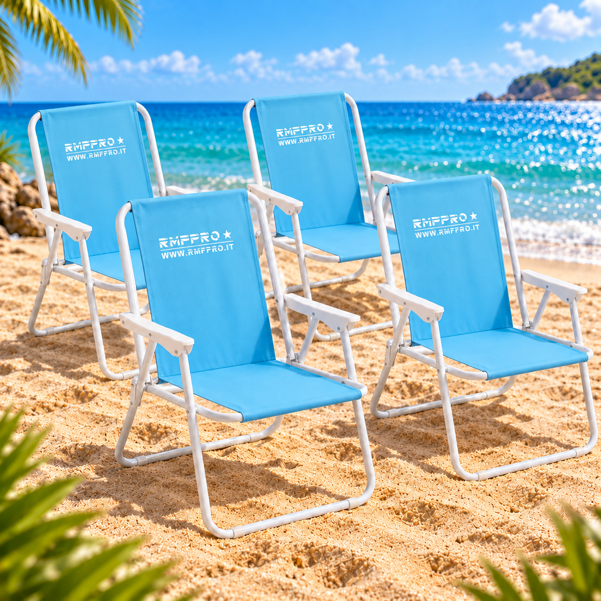 Set 4 Sedie da Spiaggia Pieghevoli Blu – Braccioli, Struttura in Metallo e Portata 120 kg