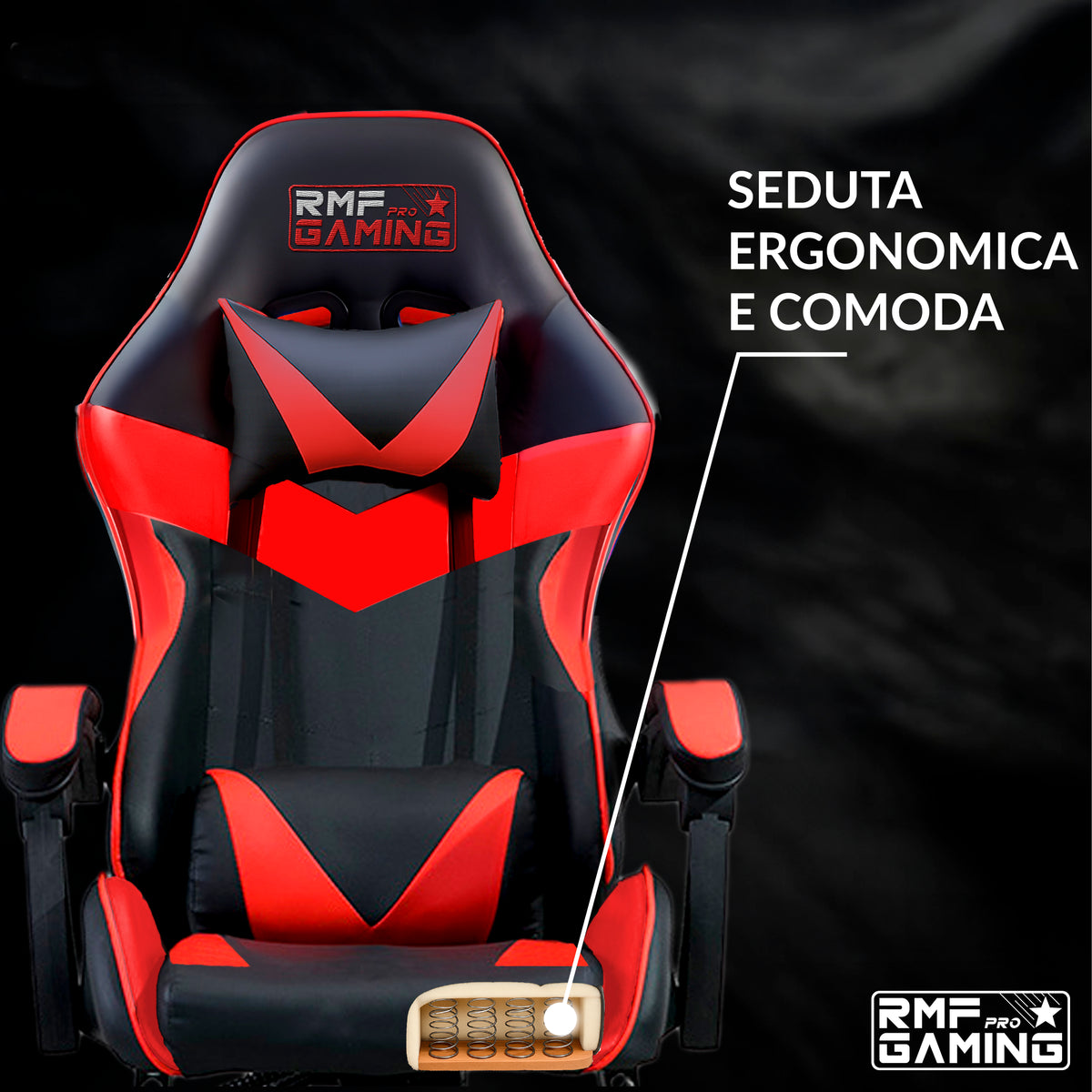 Sedia gaming ergonomica rossa con supporto lombare