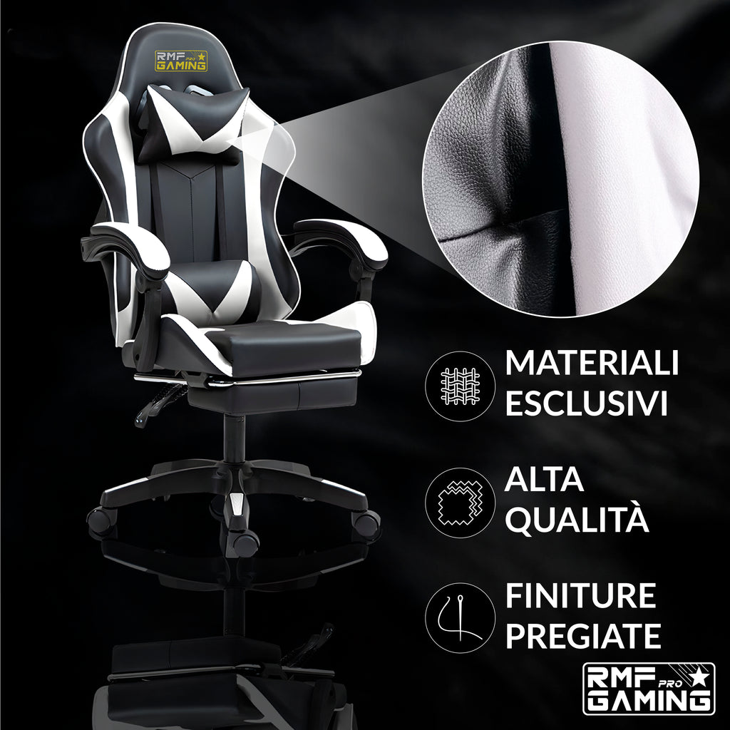 Sedia gaming ergonomica nera e bianca con supporto lombare
