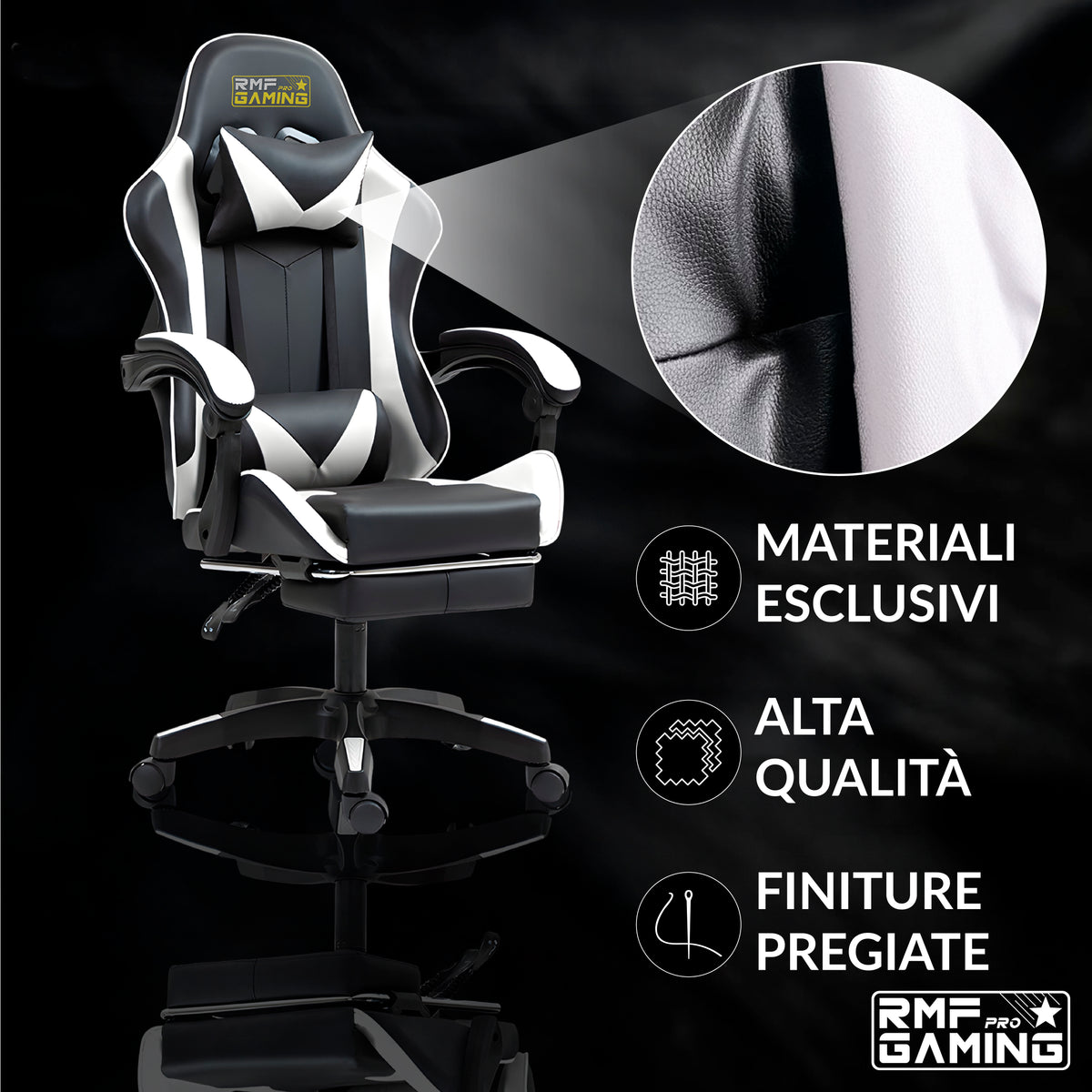 Sedia gaming ergonomica nera e bianca con supporto lombare
