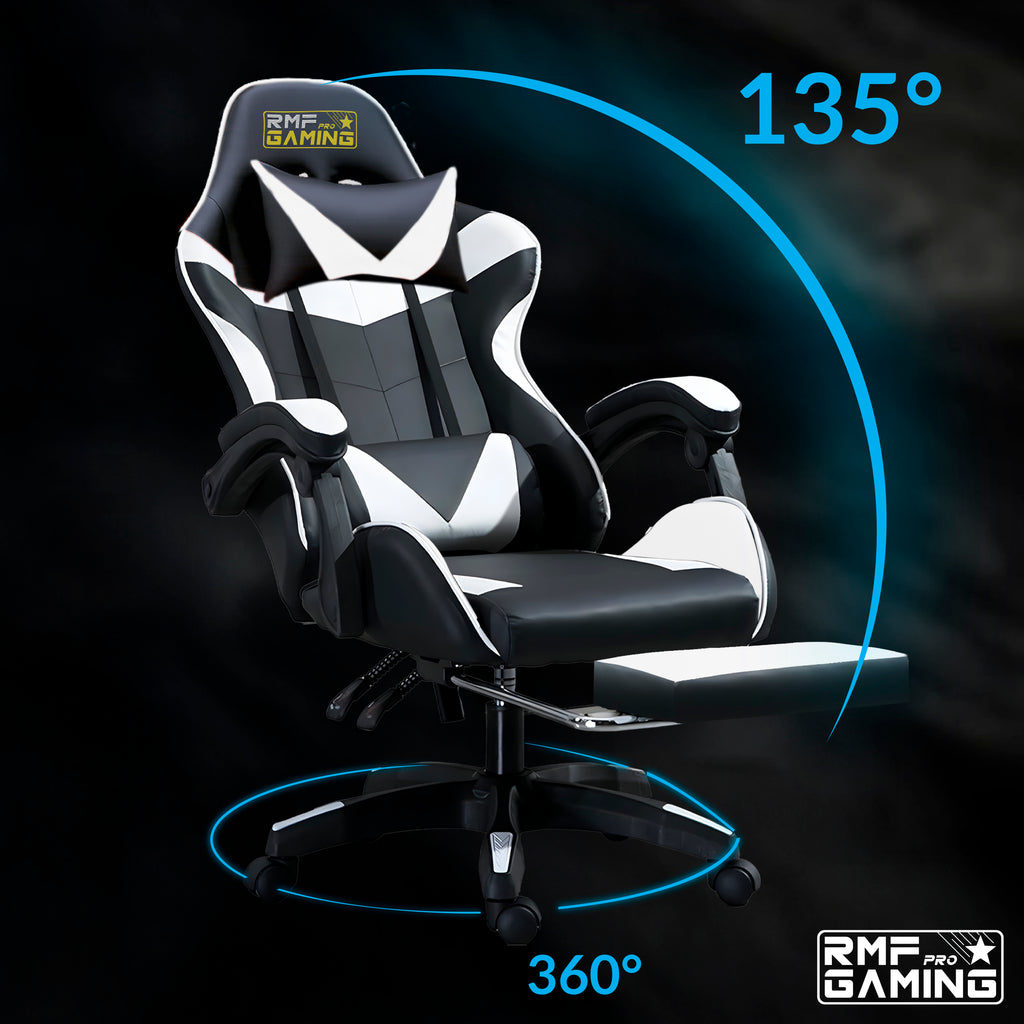 Sedia gaming ergonomica nera e bianca con supporto lombare