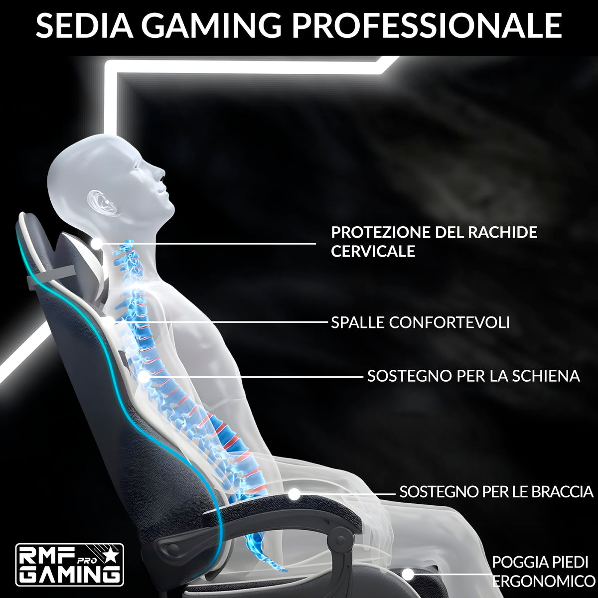 Sedia gaming ergonomica nera e bianca con supporto lombare