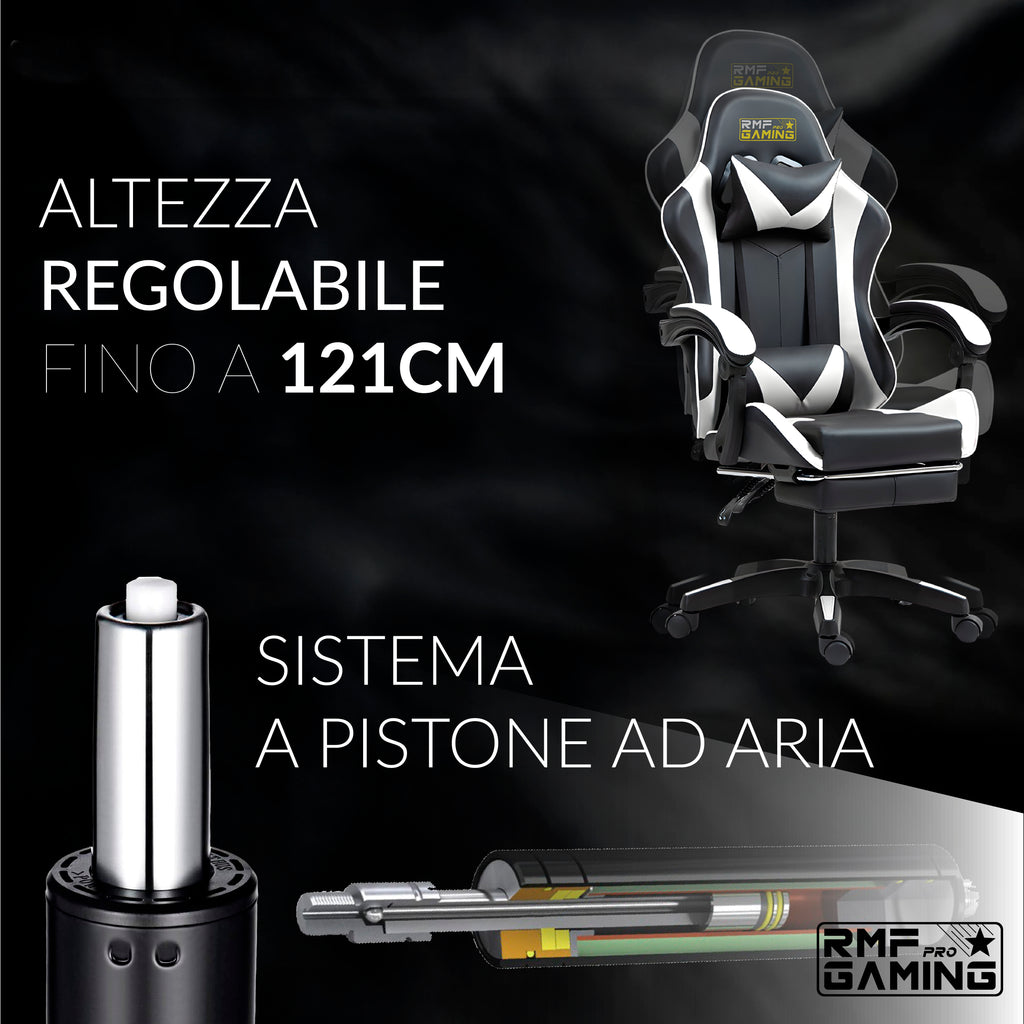 Sedia gaming ergonomica nera e bianca con supporto lombare