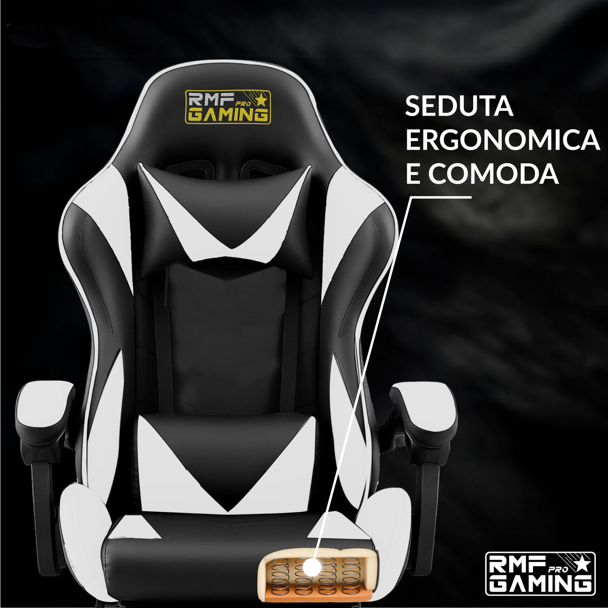 Sedia gaming ergonomica nera e bianca con supporto lombare