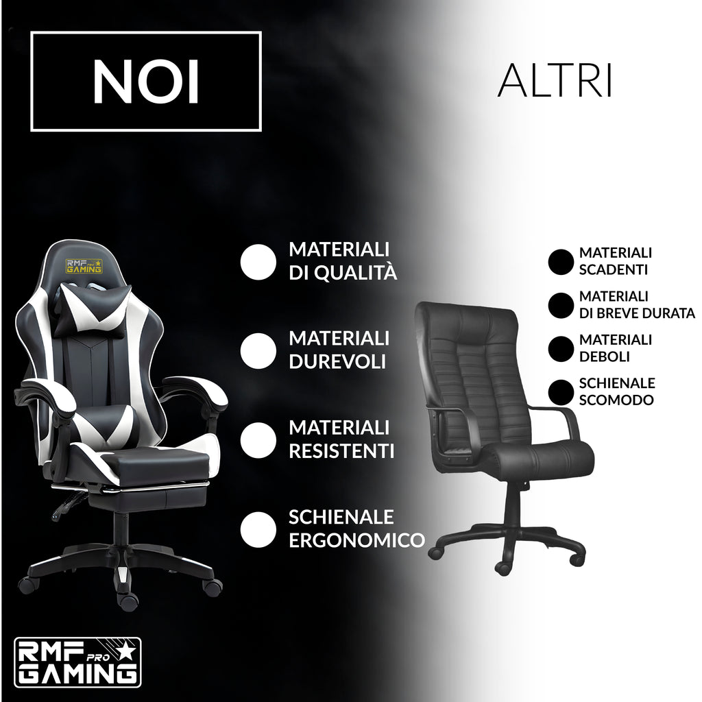 Sedia gaming ergonomica nera e bianca con supporto lombare