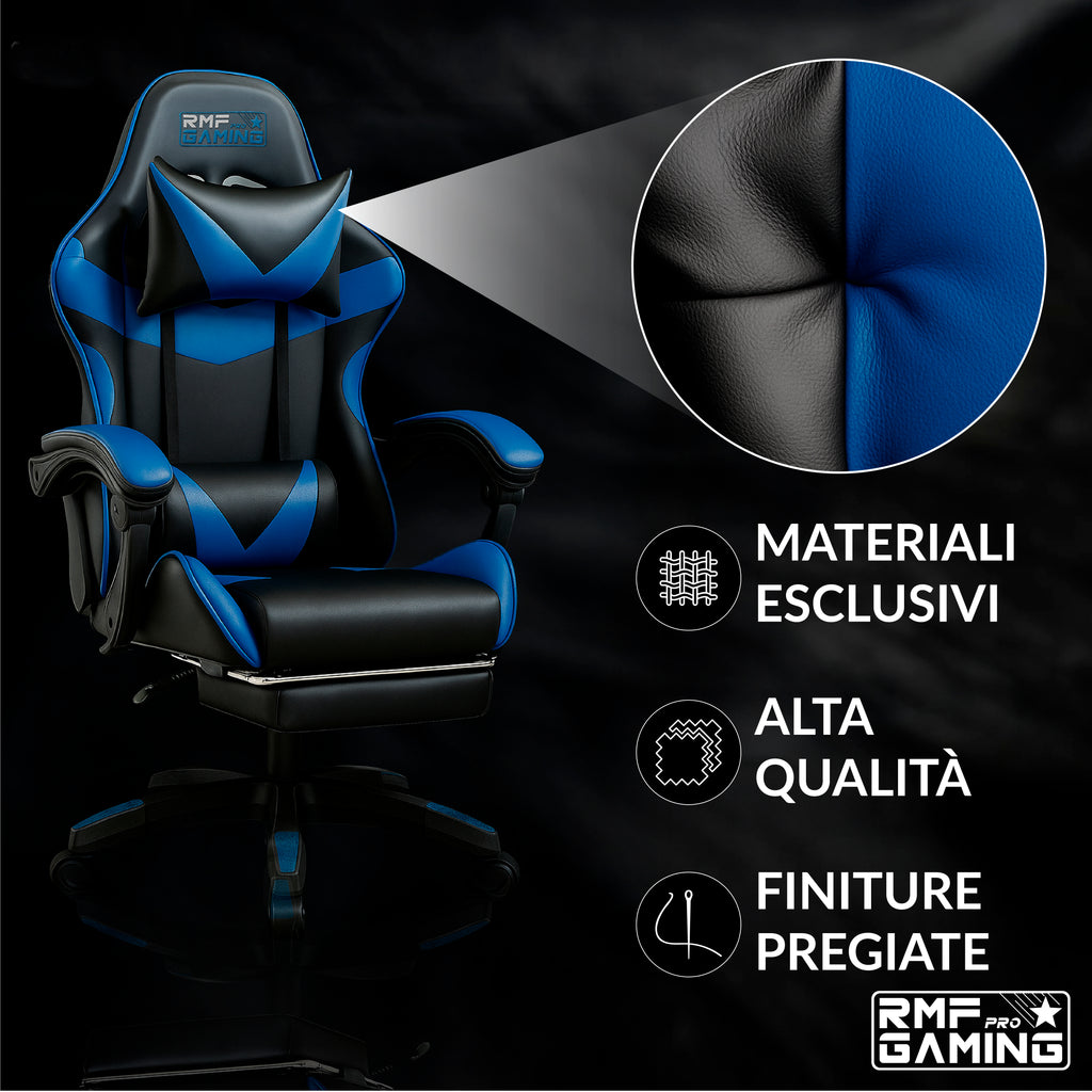 Sedia gaming ergonomica blu con supporto lombare