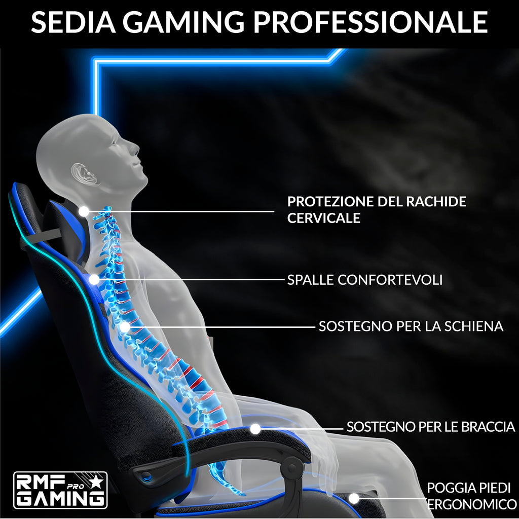 Sedia gaming ergonomica blu con supporto lombare
