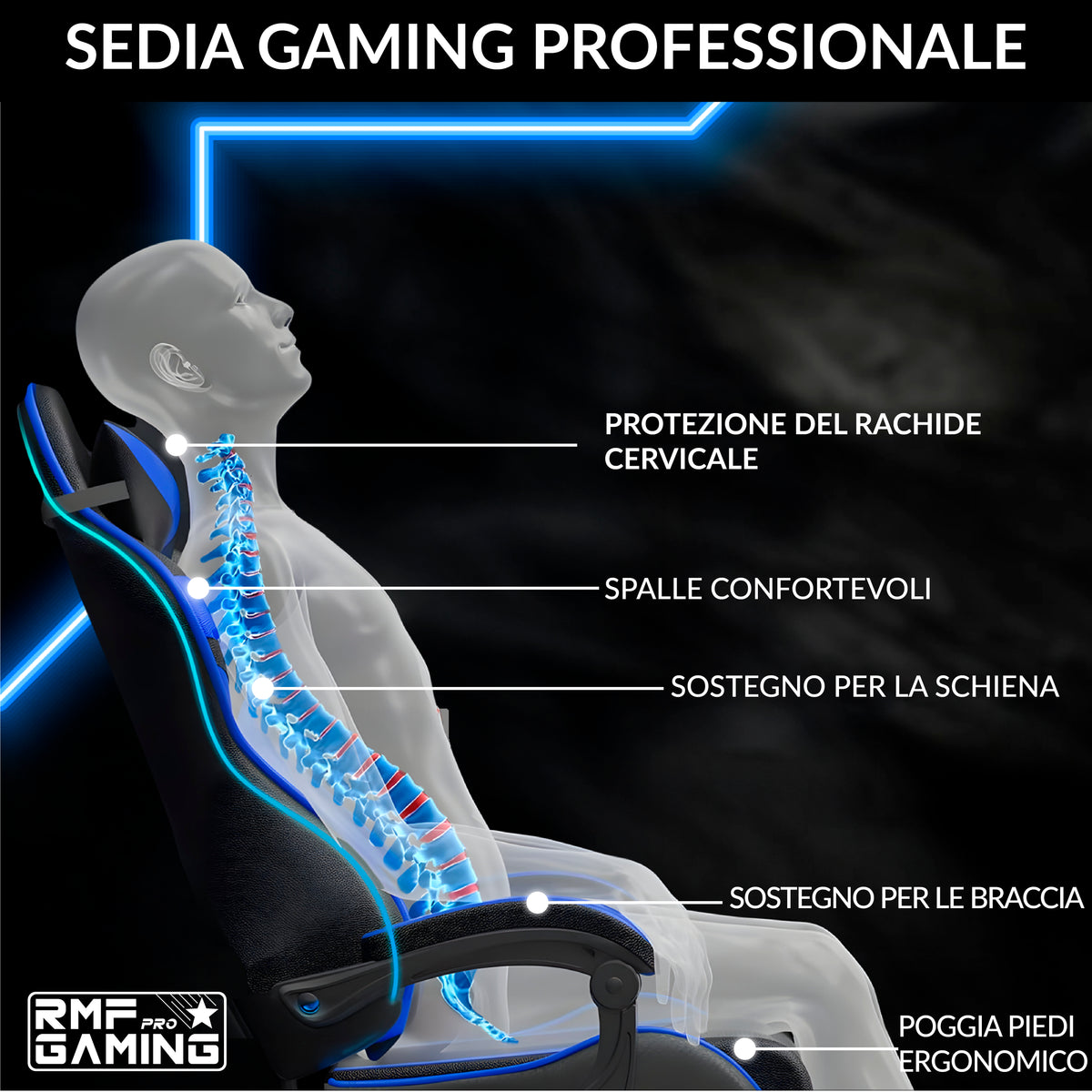 Ergonomic gaming chair with lumbar support, blue
