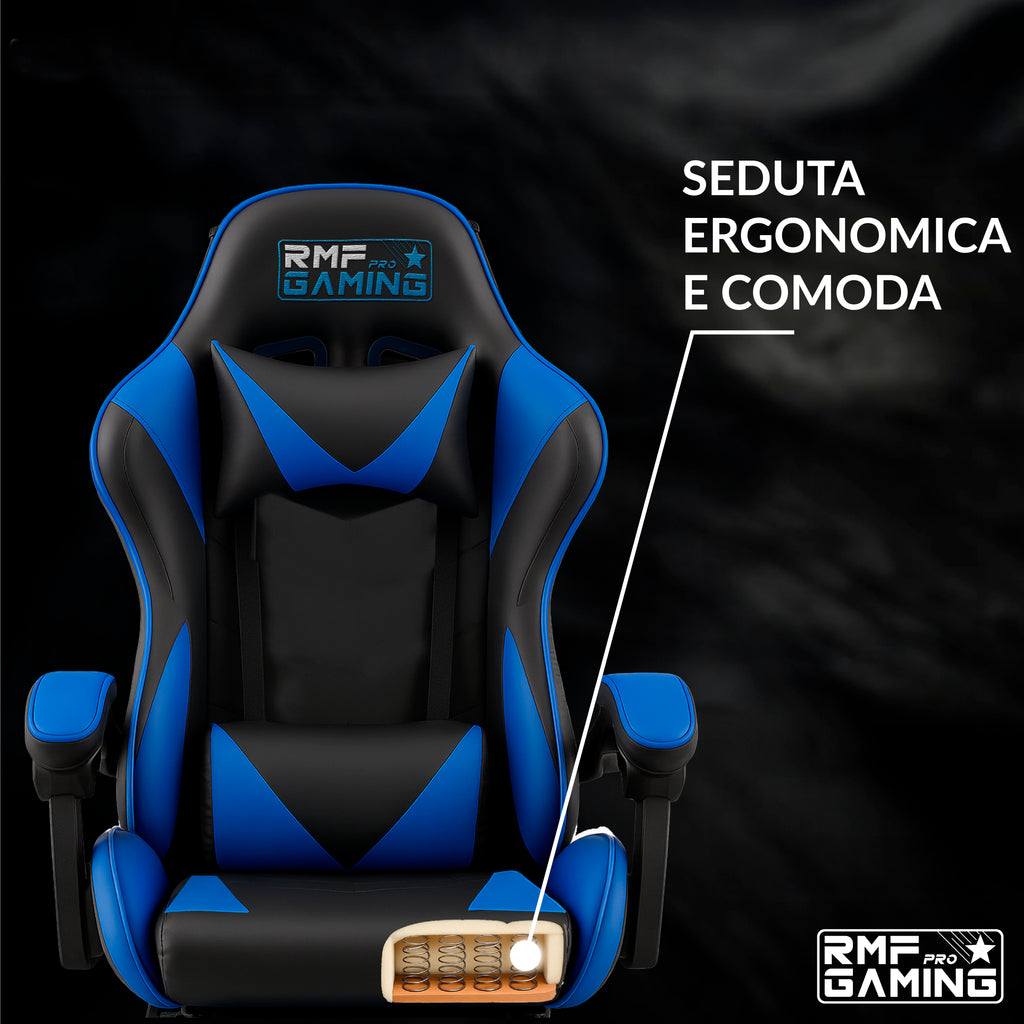 Sedia gaming ergonomica blu con supporto lombare