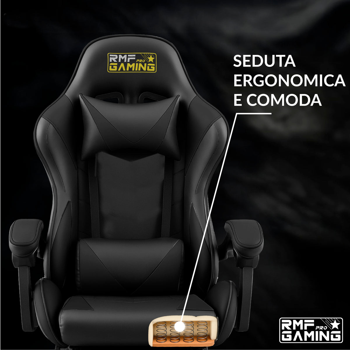 Sedia gaming ergonomica nera con supporto lombare