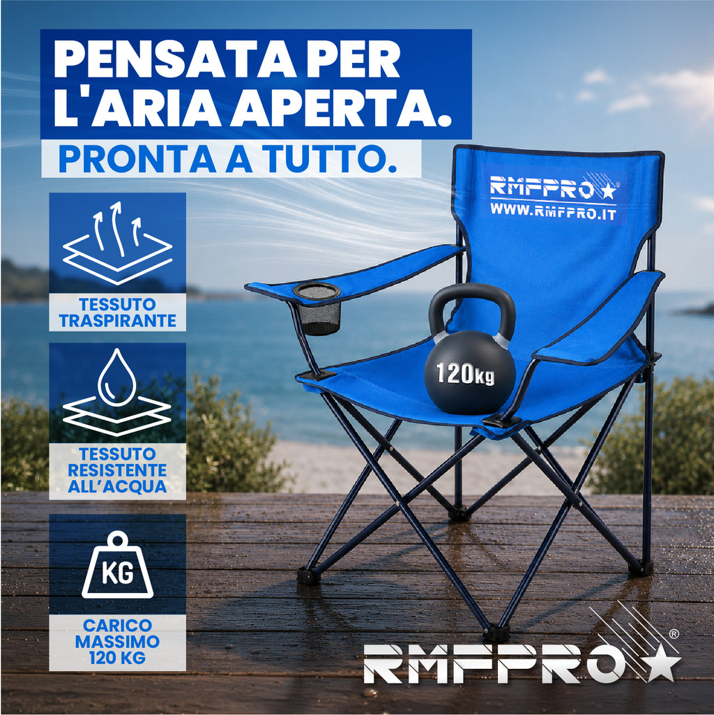 Sedia da Campeggio Pieghevole Blu – Portabicchiere, Seduta Comfort e Portata 120 kg